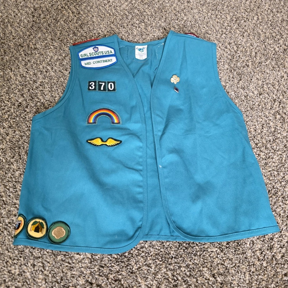 Vintage Girl Scouts Uniform Vest Girls‎ Large Blue Teal Patches 14-16 2000s